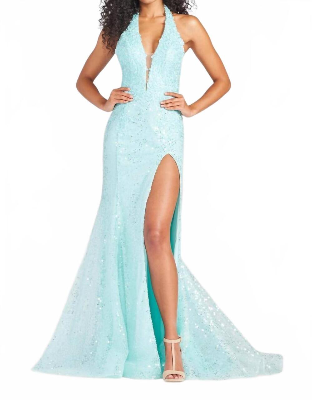 NEW MON CHERI sequin halter gown in turquoise